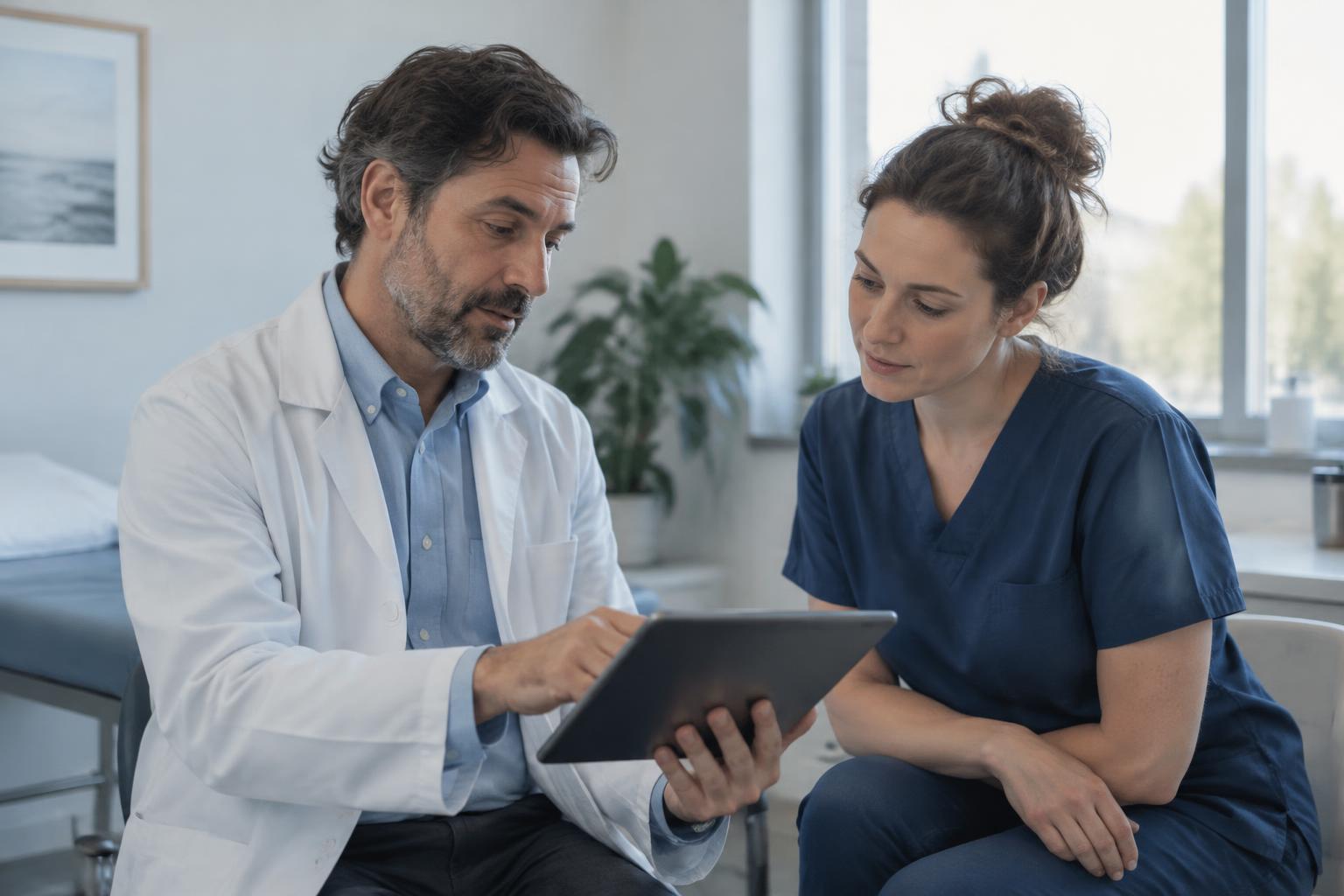 A doctor and a nurse reviewing notes together in a bright consultation room